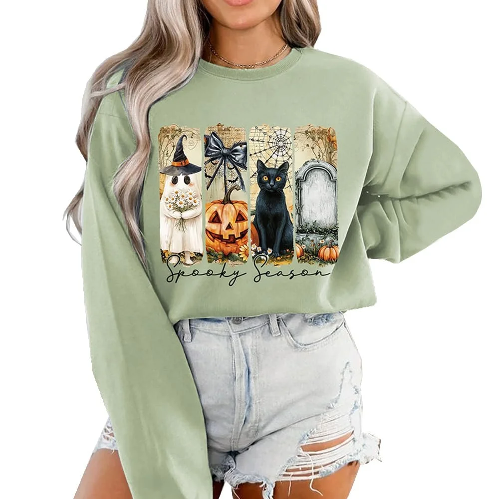 Женский свитшот MLZHAN Halloween Spooky Season, смешной принт с привидениями кошек и тыкв, рубашки с длинными рукавами, осенний модный пуловер, топы, фото №1