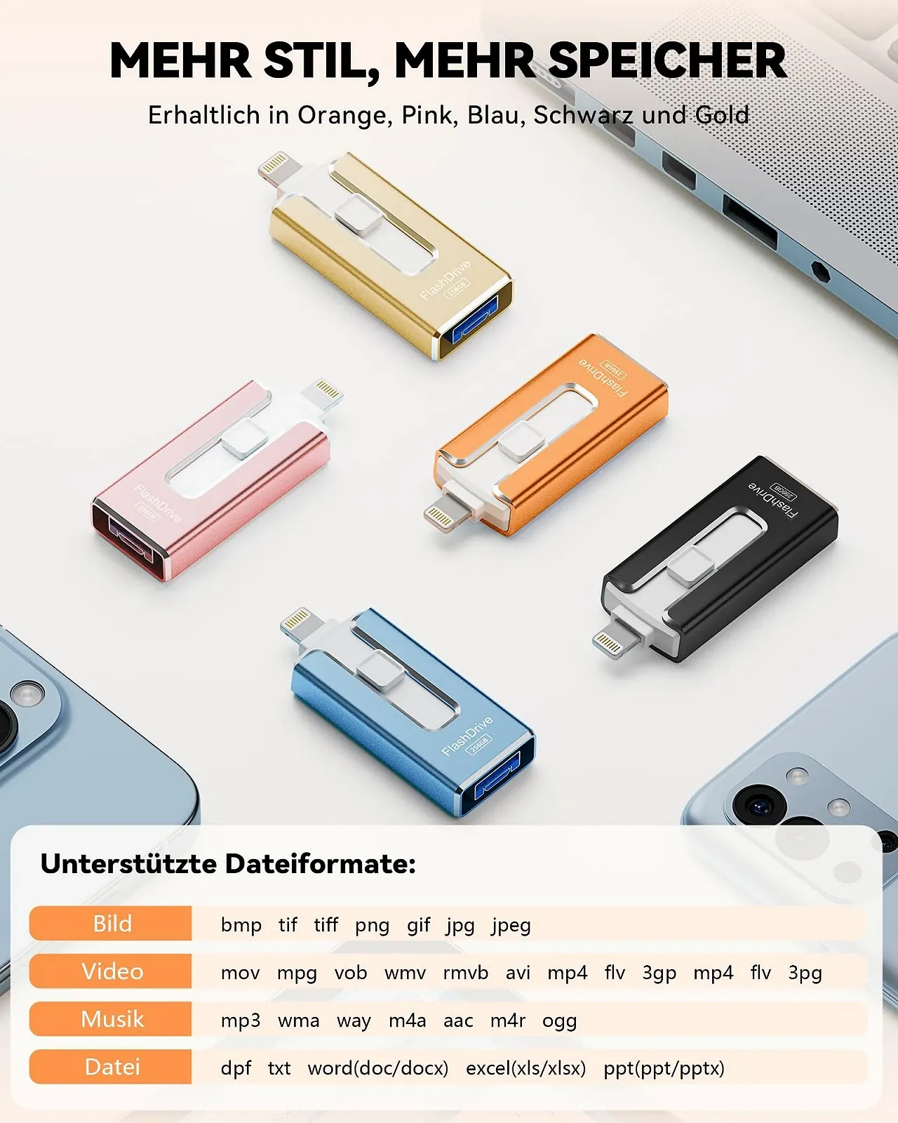 USB-флеш-накопичувач SUDEHO 4 в 1 256ГБ MFi Lightning USB 3.0 Micro USB USB-C Помаранчевий, фото №5
