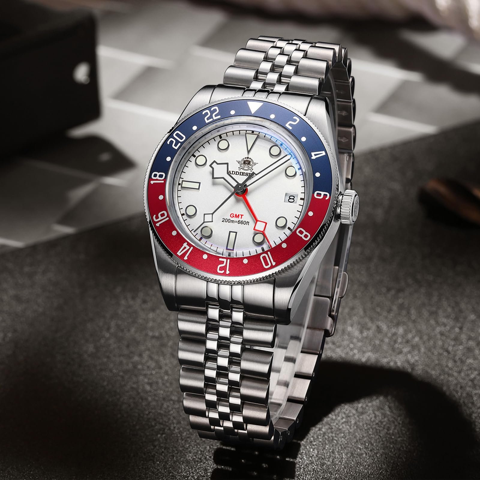 Чоловічий годинник ADDIESDIVE GMT Swiss Quartz Diver 200M Waterproof багатокольоровий світний циферблат білий класичний, фото №6