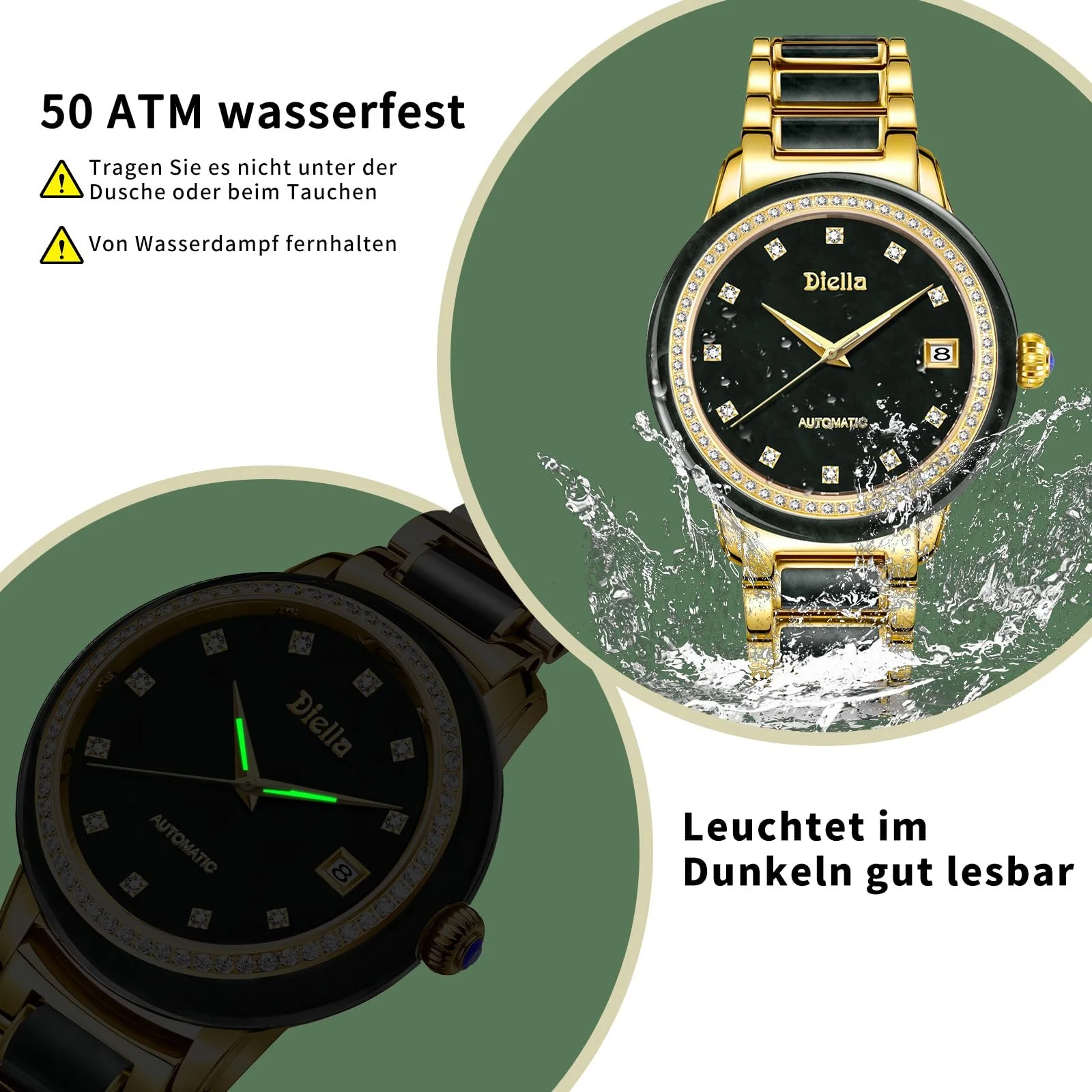 Автоматические мужские часы Diella, роскошные черные нефритовые и золотые, механические часы с люминесцентной, самозаводящиеся, водонепроницаемые, фото №4 Автоматические мужские часы Diella, роскошные черные нефритовые и золотые, механические часы с люминесцентной, самозаводящиеся, водонепроницаемые, фото №4