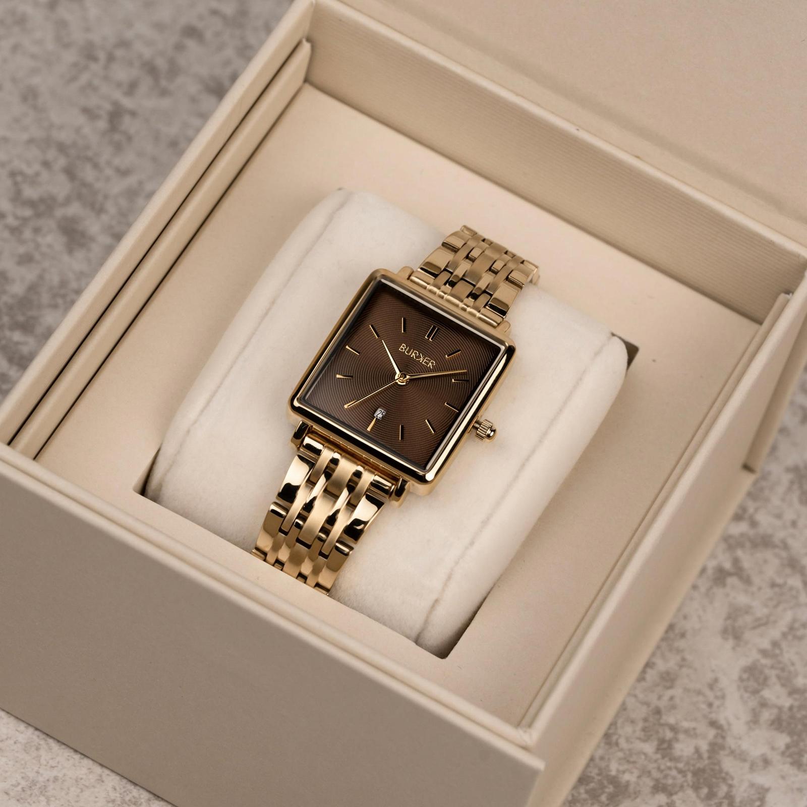 Женские часы BURKER Daisy Квадратные женские часы Браслет-цепочка Нержавеющая сталь Аналоговые Кварцевые 3 ATM Водонепроницаемые - 28 мм - Золотые Коричневые, фото №5 Женские часы BURKER Daisy Квадратные женские часы Браслет-цепочка Нержавеющая сталь Аналоговые Кварцевые 3 ATM Водонепроницаемые - 28 мм - Золотые Коричневые, фото №5