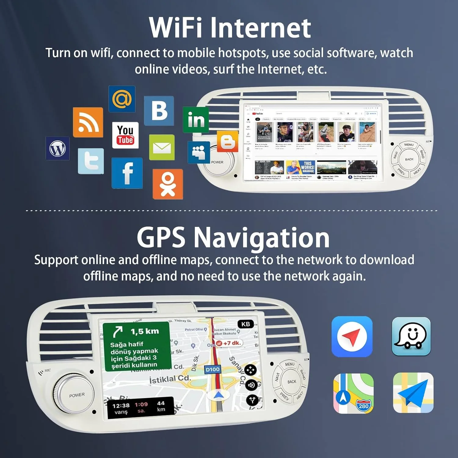 Штатная автомагнитола Podofo для Fiat 500 2007-2015 / 7" / Сенсорная / 2/32Гб / Android 13 / Bluetooth / WI-FI / GPS / USB, фото №4
