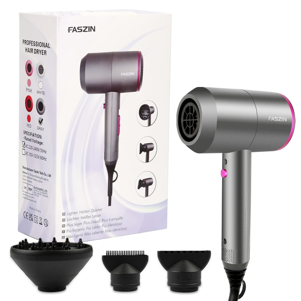 Фен Faszin ионный, с мотором AC, для быстрой сушки, профессиональный, с 2 скоростями и 3 температурными режимами, кнопка холодного воздуха, с 1 диффузором и 2 концентраторами, серый, фото №6