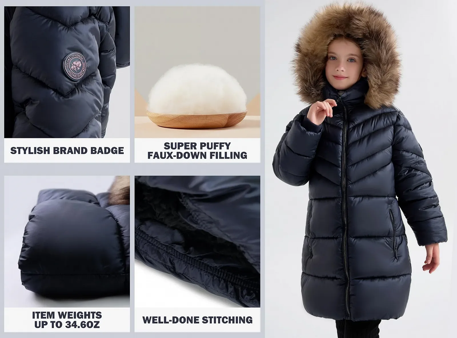 Зимове пальто для дівчаток SOLOCOTE, важке, водонепроникне, з капюшоном зі штучного хутра, фото №6