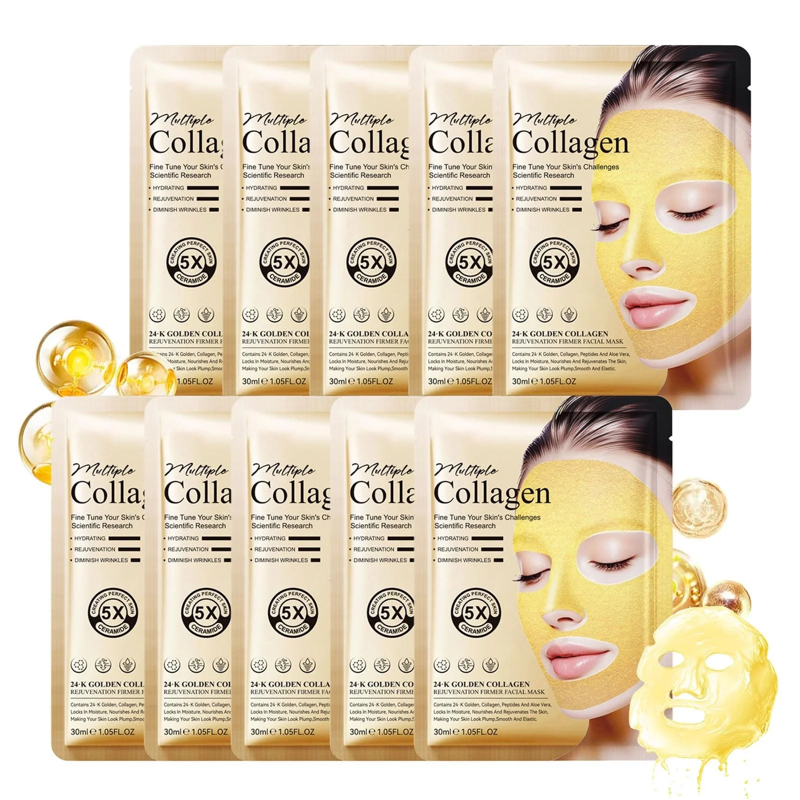 Маска для лица Коллаген Gold 24k, Роскошный антивозрастной уход, Увлажнение, Подтяжка и Омоложение Кожи, 10 штук в упаковке, фото №1 Маска для лица Коллаген Gold 24k, Роскошный антивозрастной уход, Увлажнение, Подтяжка и Омоложение Кожи, 10 штук в упаковке, фото №1