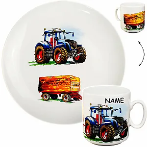 Набір: велика тарілка / дитяча тарілка + кружка з ручкою Tractor, трактор з причепом, ферма, порцеляна/кераміка - Фото 1