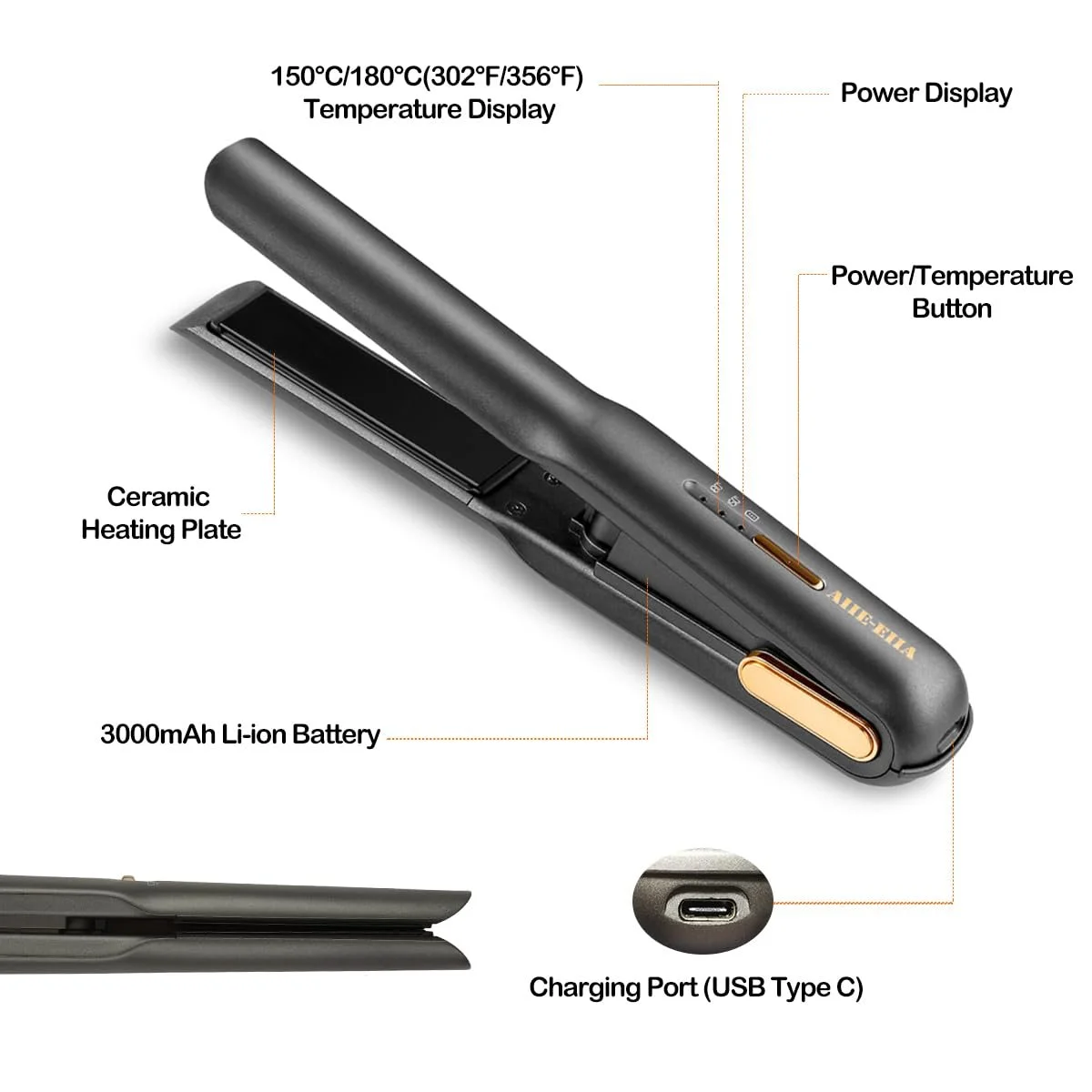 Бездротовий міні-випрямляч та плойка USB-C 3000 mAh 150/180 °C Сірий, фото №2