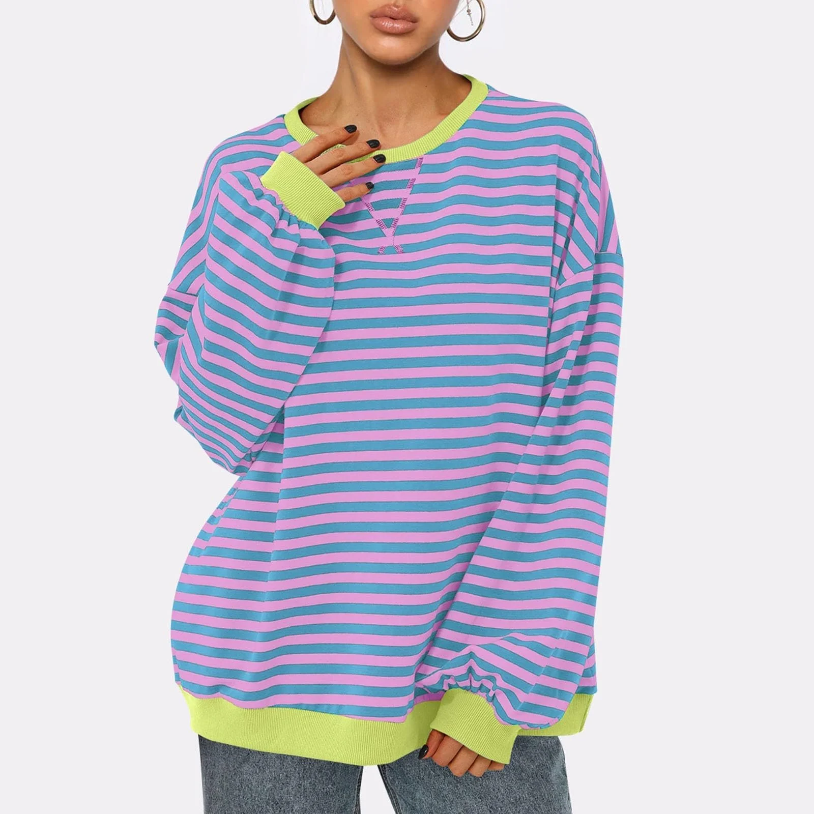 Свитшот CCOOfhhc Оверсайз В полоску Basic Круглый вырез Спортивная кофта Y2k Streetwear Свободный Длинный рукав Подростковый Полосатый Осень Зима, фото №4