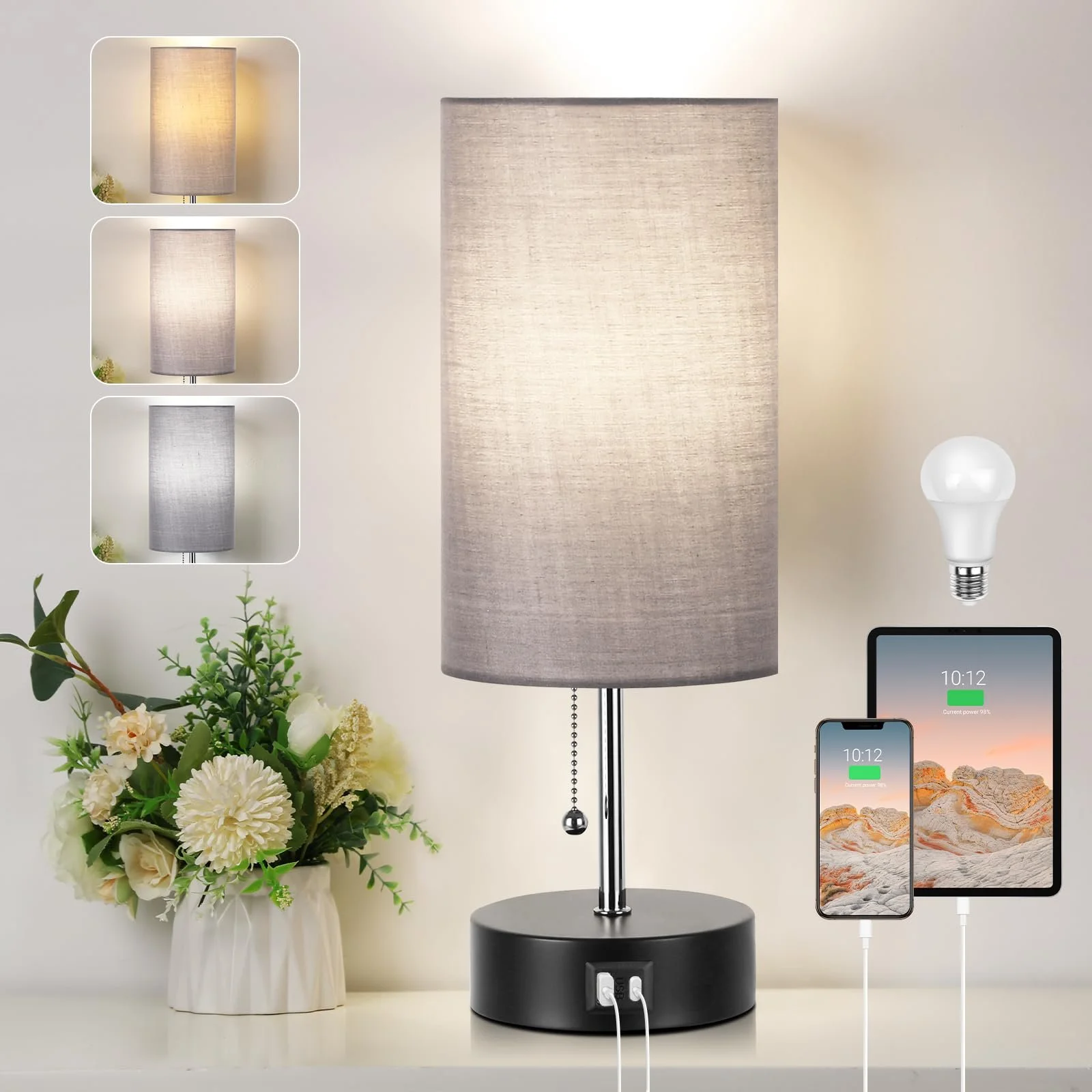 Приліжкова лампа ROTTOGOON 3 колірні температури порти USB A та C LED лампа в комплекті сіра, фото №1