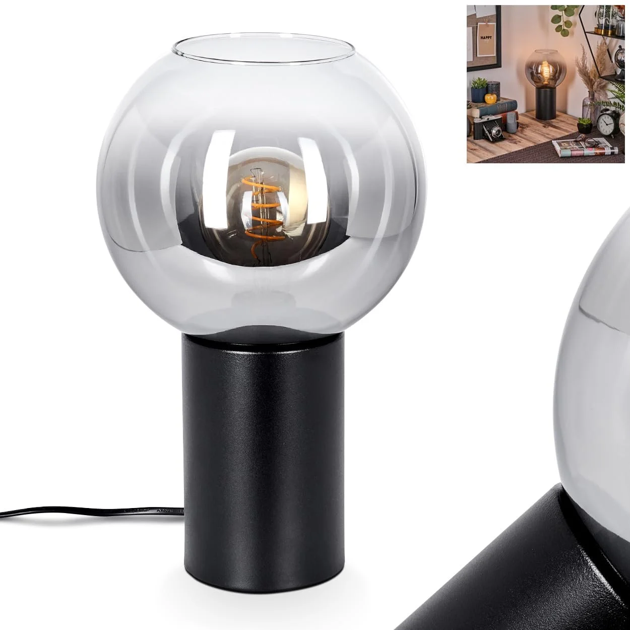 Настільна лампа HOFSTEIN Koyoto Метал/Скло E27 20 см Black/Chrome/Smoke, фото №1