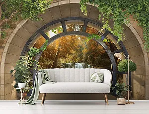 Фотообои VEXL 11553 3D Окно Водопад Лес Природа Флизелиновые УФ-стойкие 208 x 146 см 2 панели synthetic.ua - Фото 1