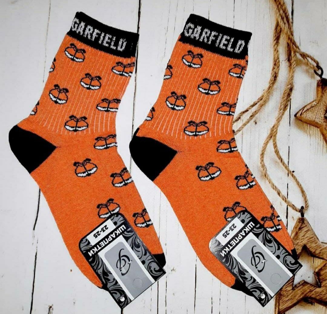 Модные оранжевые высокие носки с принтом Гарфилд - носки прикол, фото №1