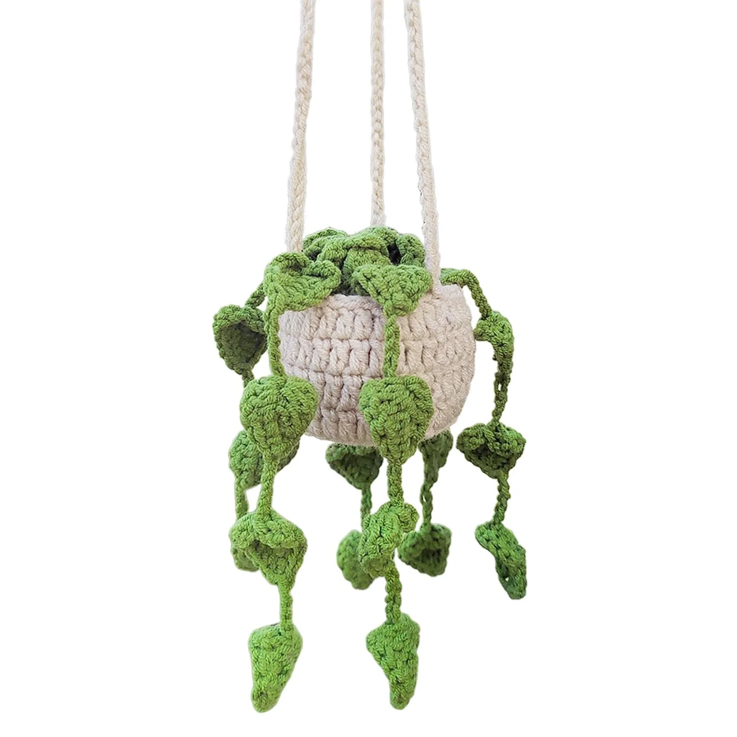 Подвеска для растений корзинка ручная работа крючком 35 см бежево-зеленая, фото №1