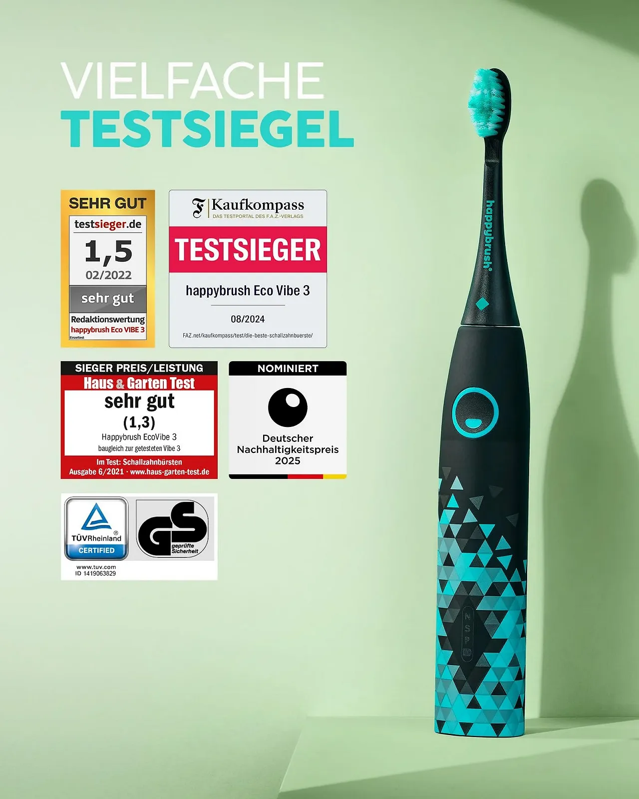 Электрическая звуковая зубная щетка happybrush ECO VIBE 3 6 недель работы Черный/Мятный, фото №2