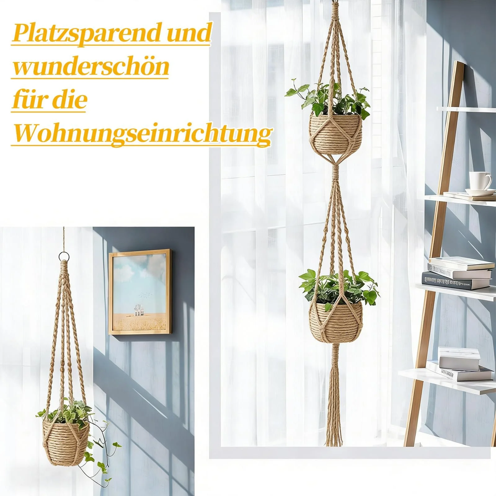 Підвісний кошик для квітів макраме набір 4 шт бохо бавовняна мотузка коричневий, фото №4