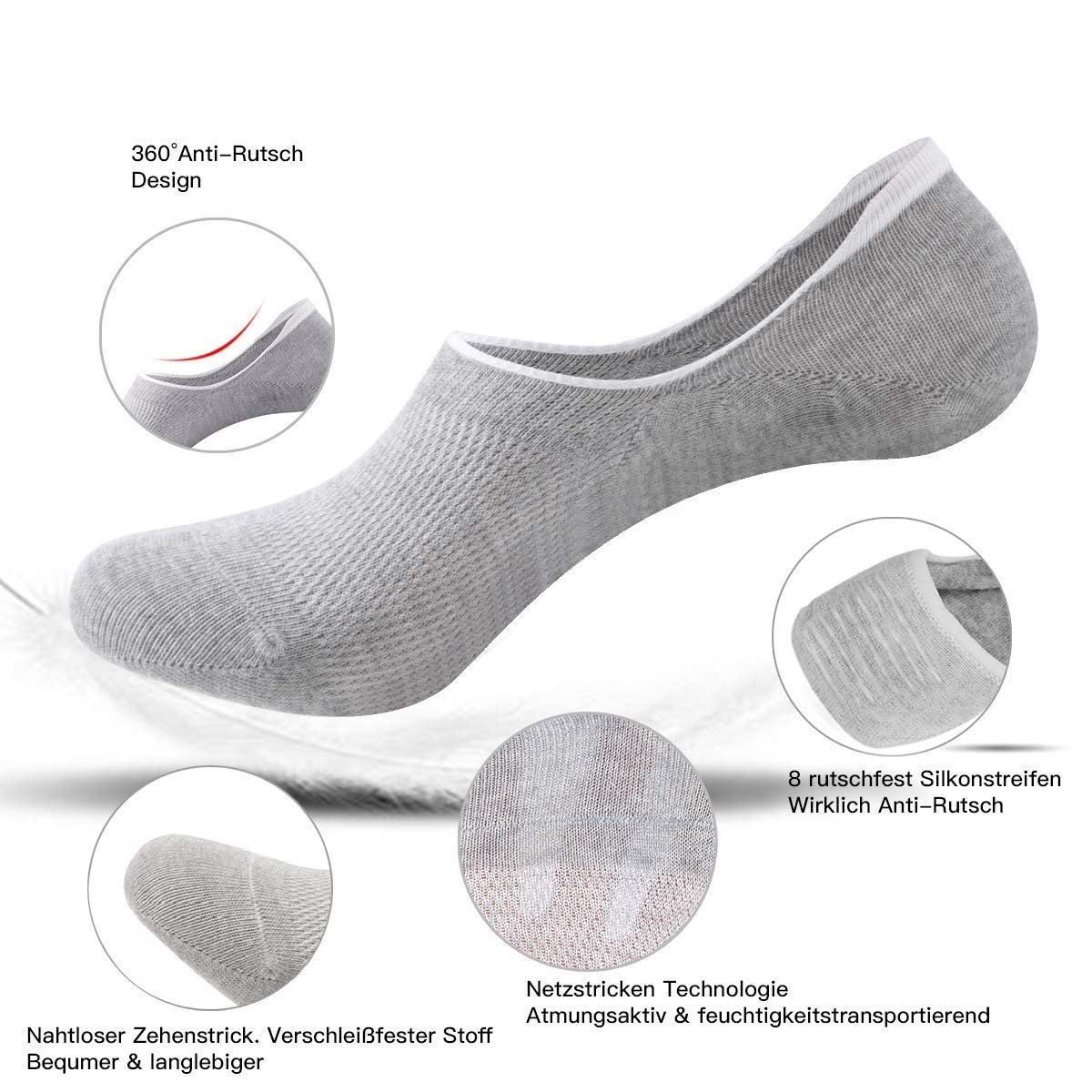 Носки HeyUU Хлопковые невидимые носки для кроссовок для мужчин и женщин с 8 нескользящими силиконовыми полосками, фото №3