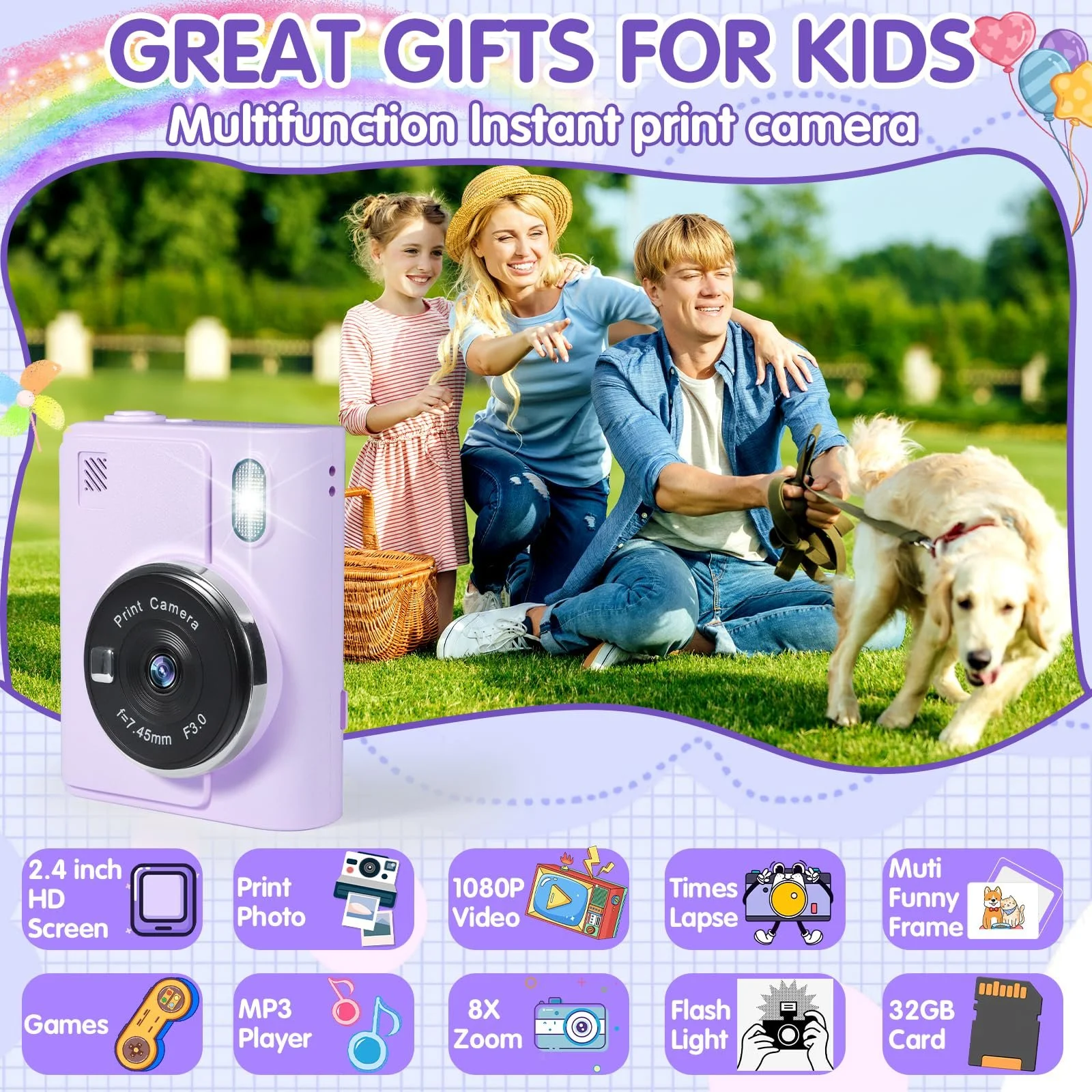 Детская фотокамера мгновенной печати 1080P HD 2.4 дюйма Screen 32GB 6 рулонов бумаги для печати, фото №3