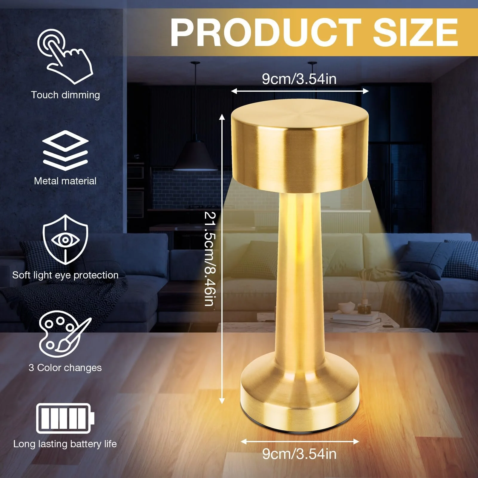 Настільна лампа LED 2-Piece Wireless USB Rechargeable Touch Dimmable 3-Level Gold, фото №2
