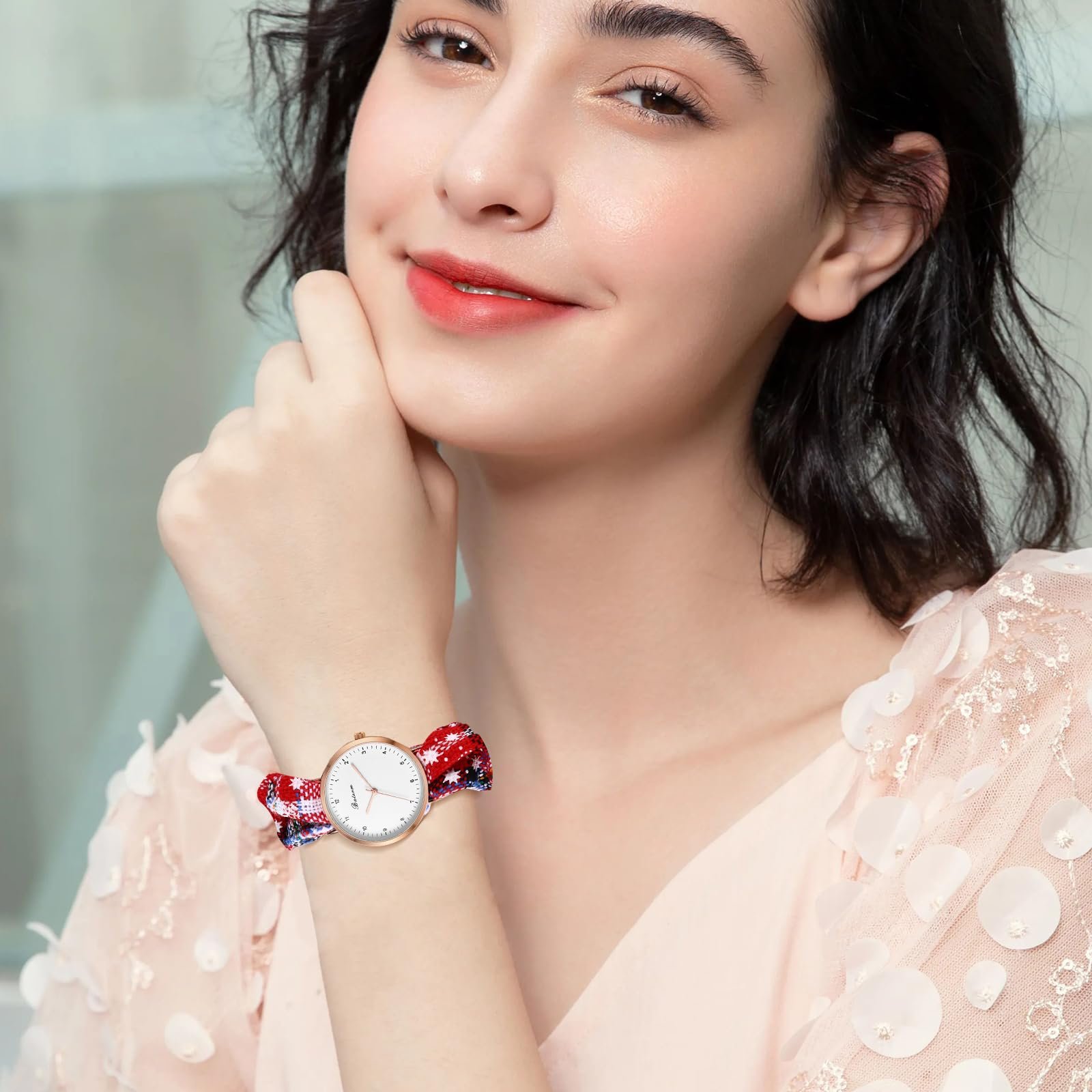 Женские часы JewelryWe с рождественской резинкой для волос, аналоговые кварцевые наручные часы, рождественские часы, простые ультратонкие часы с эластичной резинкой для волос, подарочный браслет, фото №2