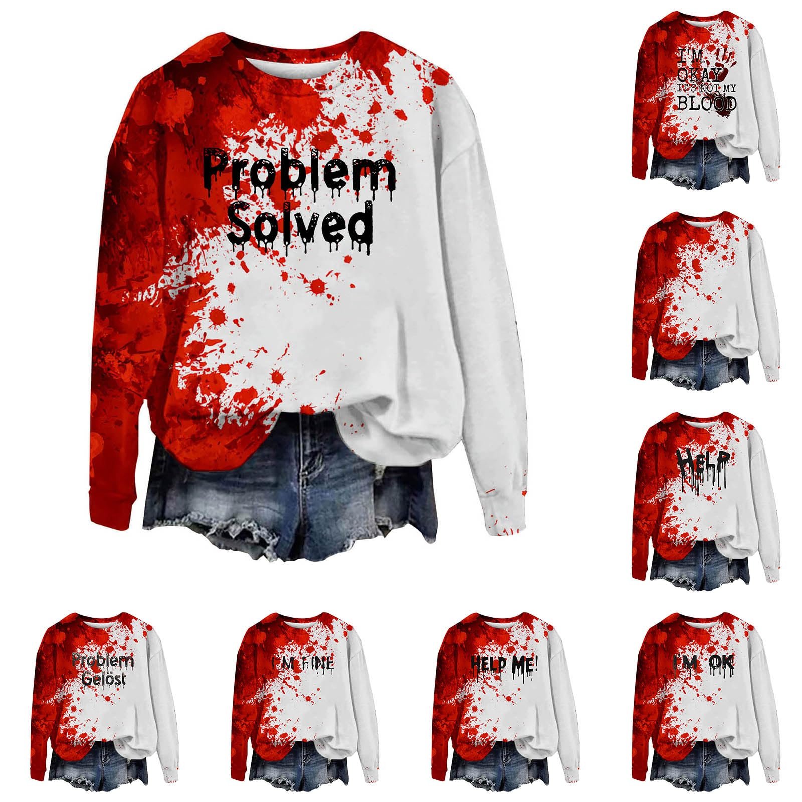 Толстовка Problem Solved Blutiges для женщин, смешные костюмы на Хэллоуин, в тонком пуловере, с длинными рукавами, футболка с привидениями, жуткие костюмы на Хэллоуин, фото №1