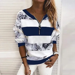 Женская Толстовка с длинным рукавом на молнии с принтом в полоску Свободная Повседневная Худи Классическая Универсальная Осенняя Зимняя Блузка synthetic.ua - Фото 1