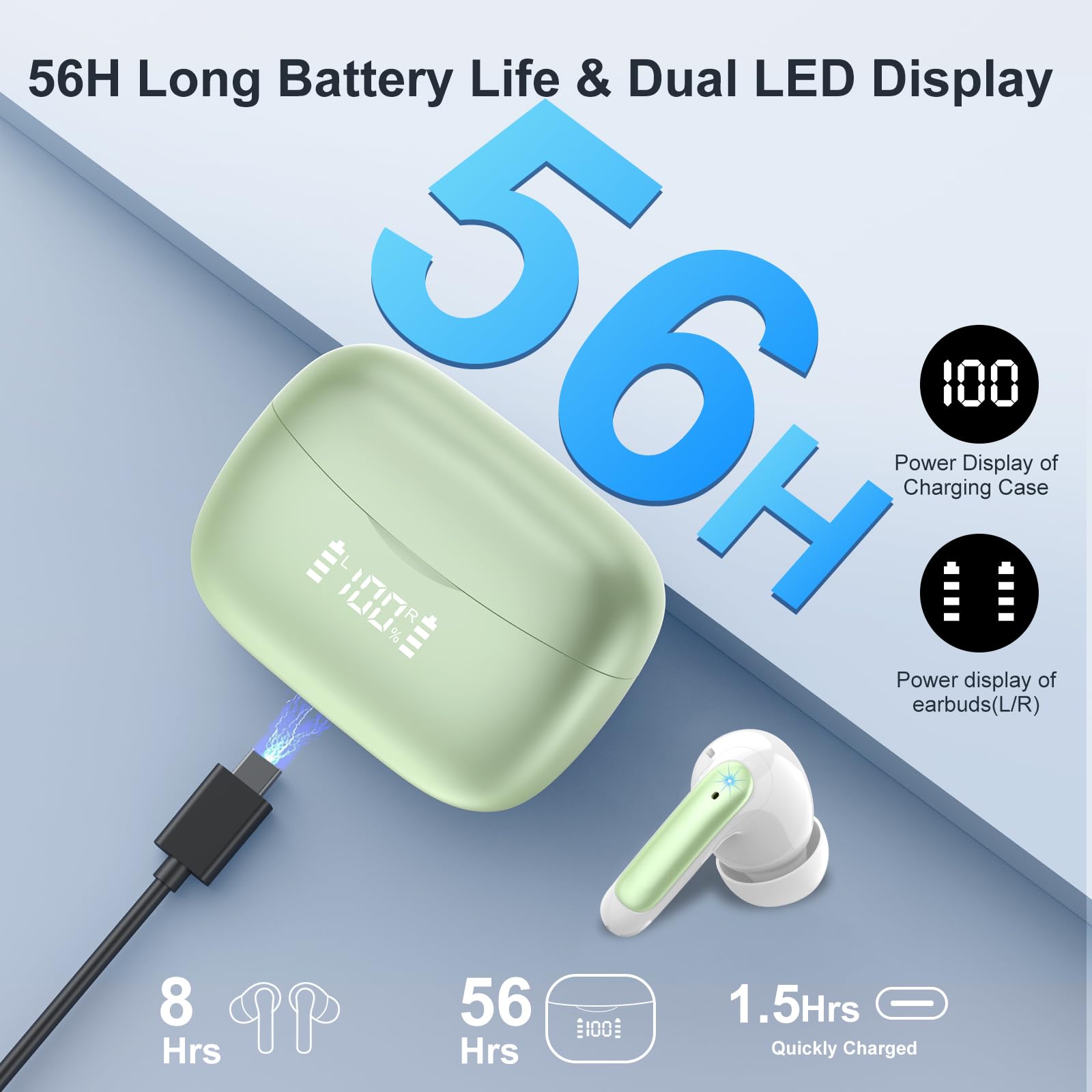 Наушники Bluetooth 5.3 Беспроводные Вкладыши 4 ENC Шумоподавление Микрофон 56 Часов HiFi Стерео Глубокий Бас IP7 Водонепроницаемые с LED Дисплеем Сенсорное Управление Зеленый, фото №7