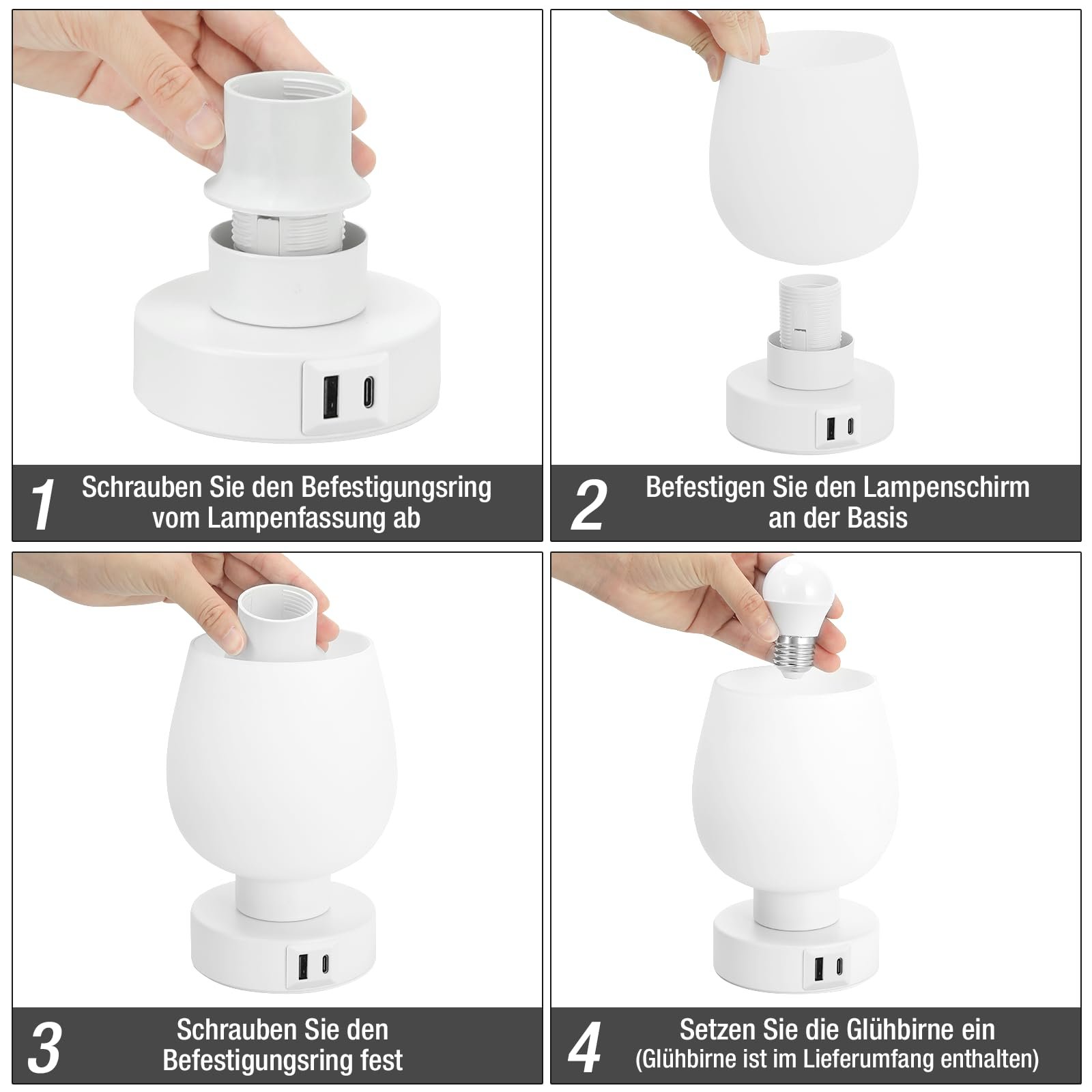 Настільна лампа PreeOtti сенсорна з регулюванням яскравості біла з роз'ємами USB A+C LED мала скляна з кабелем, фото №8