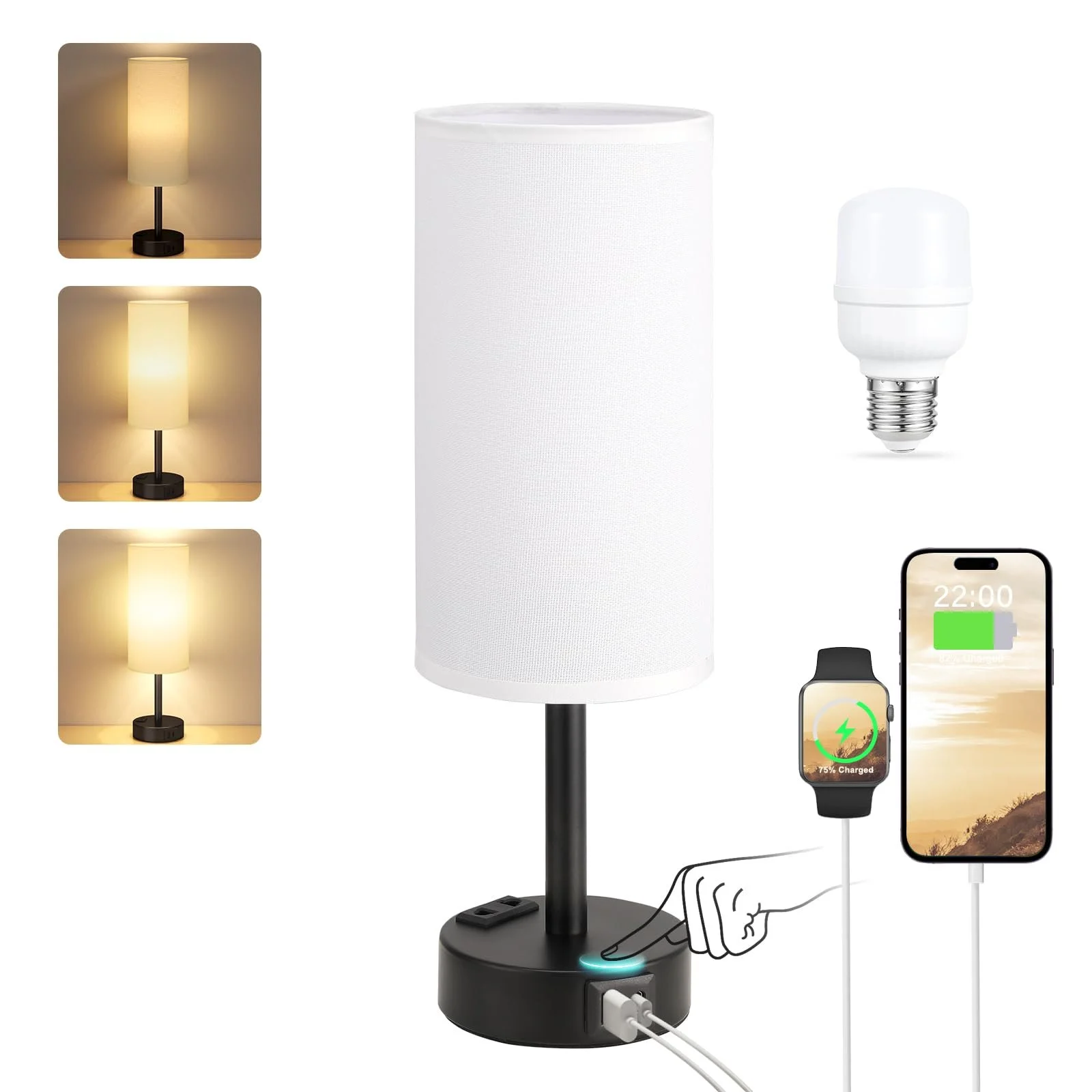 Настільна лампа Kakanuo Сенсорна USB A+C Розетка Лляний абажур, фото №8