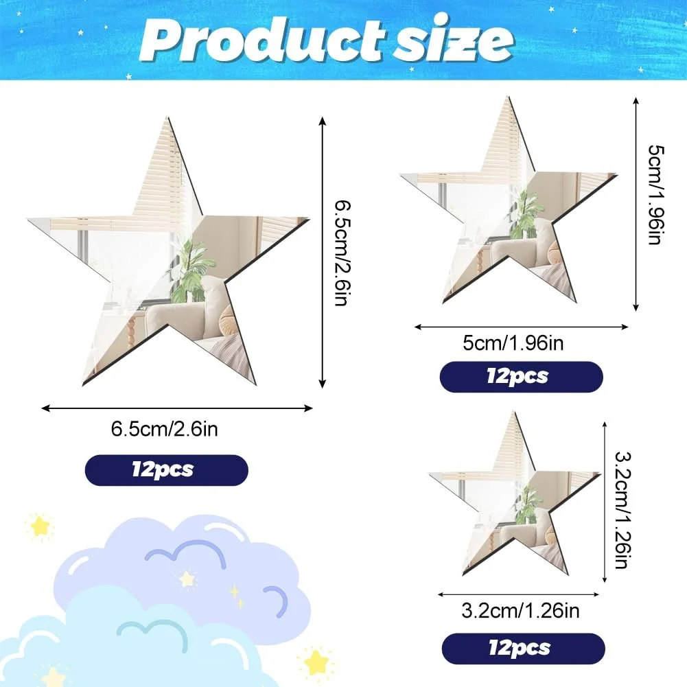 Наклейка на стену Зеркальные звезды 3D Акриловая Серебристая 40 шт., фото №6