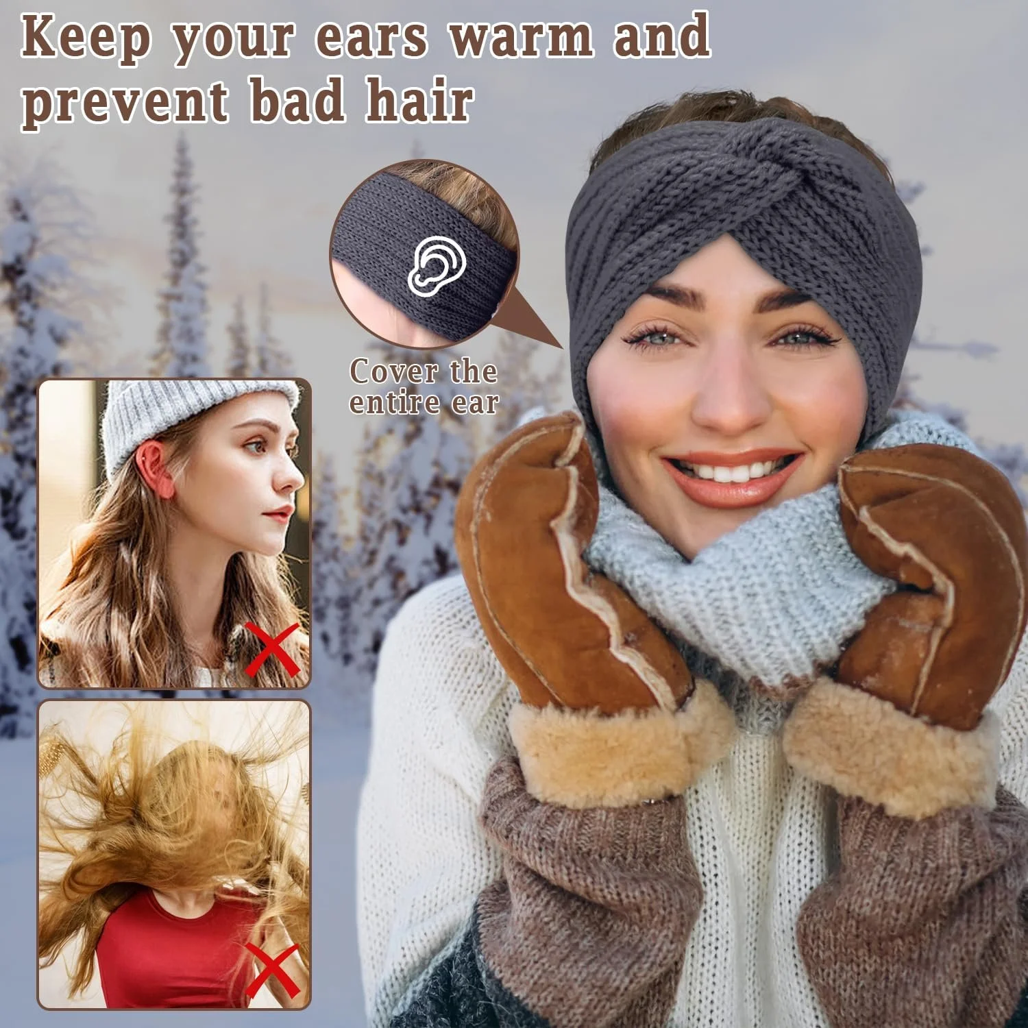 Пов'язка на голову В'язана зимова еластична для жінок, 4 шт., фото №4