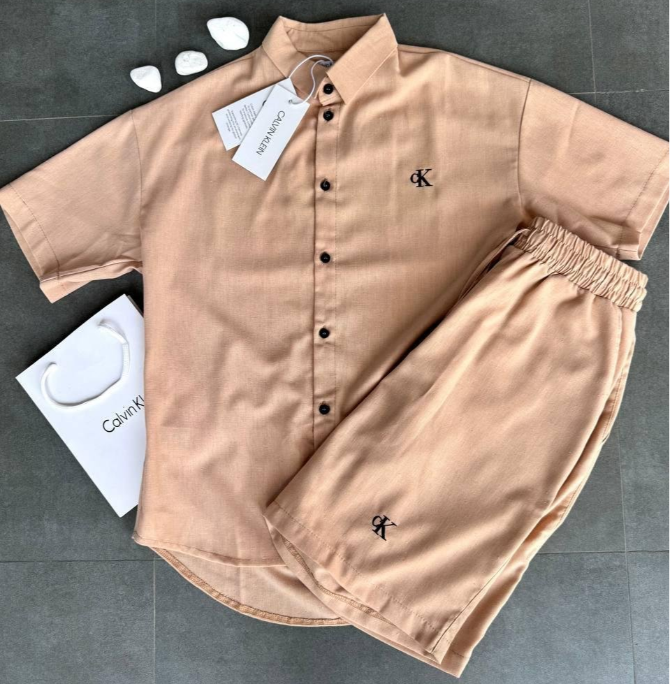 Чоловічий комплект на літо з льону Calvin Klein бежевий, фото №1