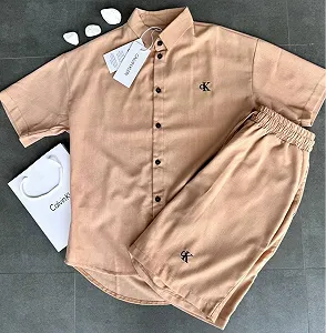 Мужской комплект Calvin Klein, летний, из льна, бежевый - Фото 1
