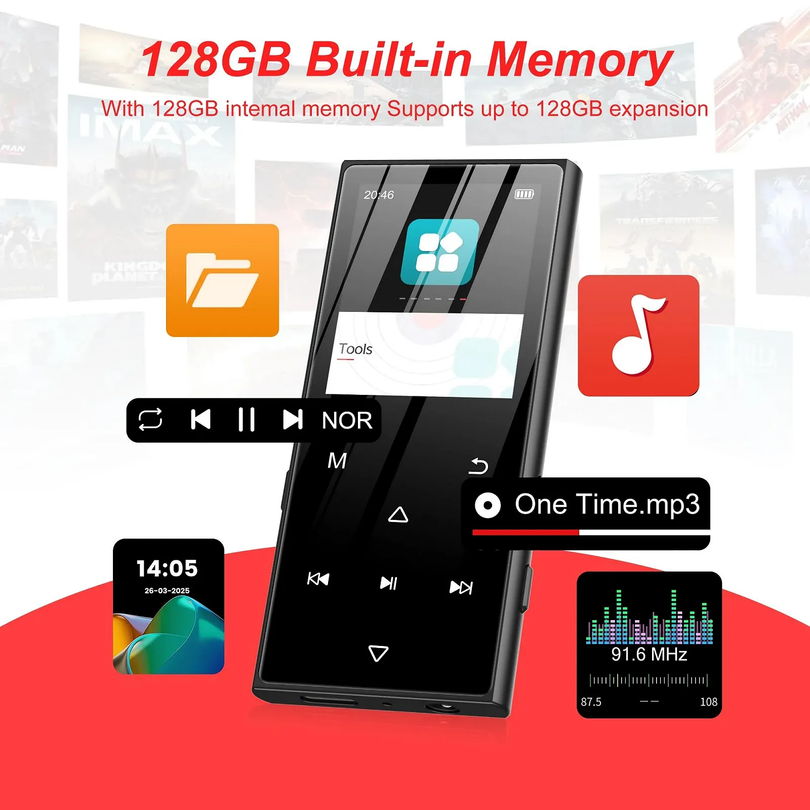 MP3 плеєр SWOFY 128GB Bluetooth 5.3, екран 1.8 дюйма, HiFi музика, з динаміком, FM-радіо, функція електронної книги та функція запису Чорний, фото №3