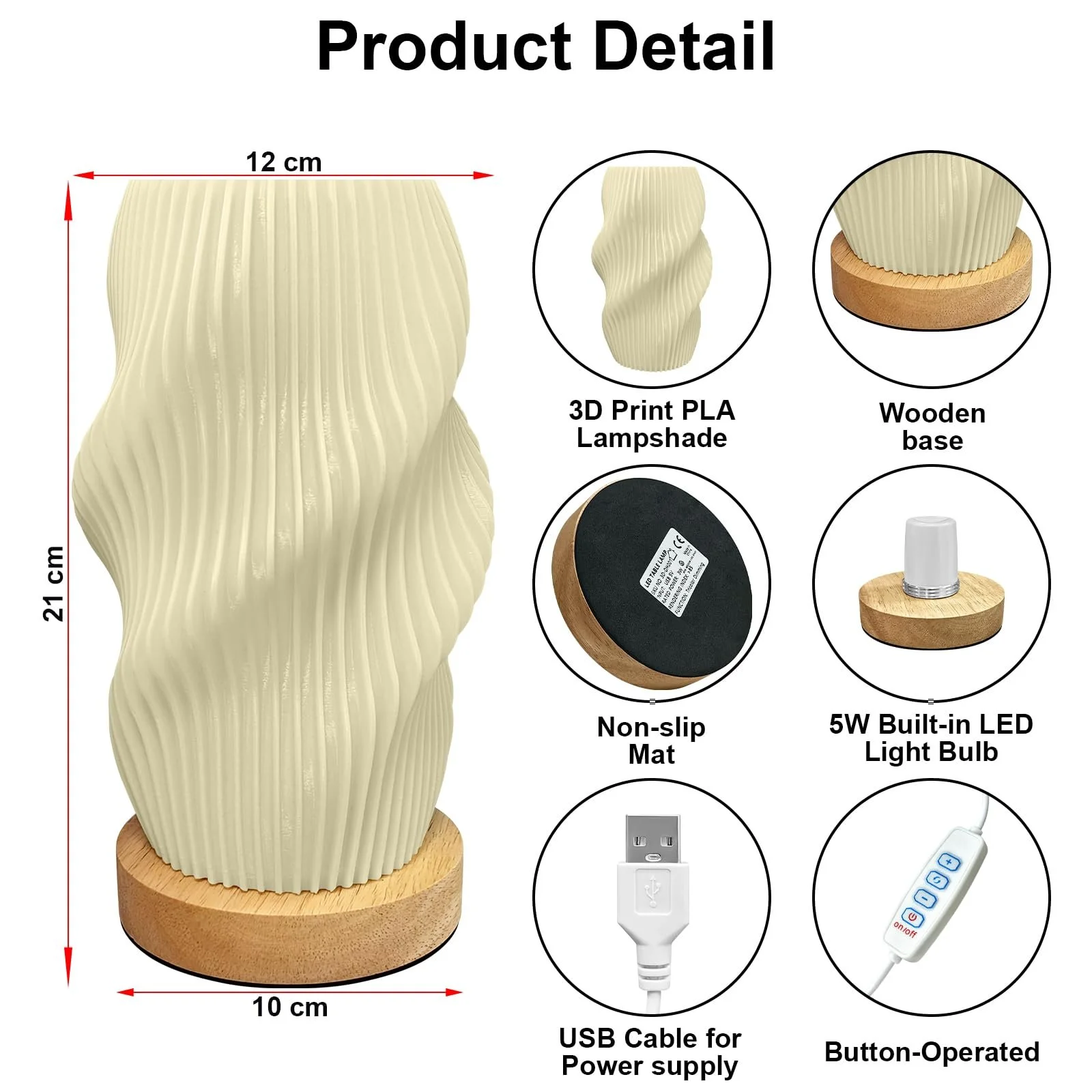 Настільна лампа з дерев'яною основою та плафоном PLA 3D-друк 10 рівнів яскравості USB, фото №6