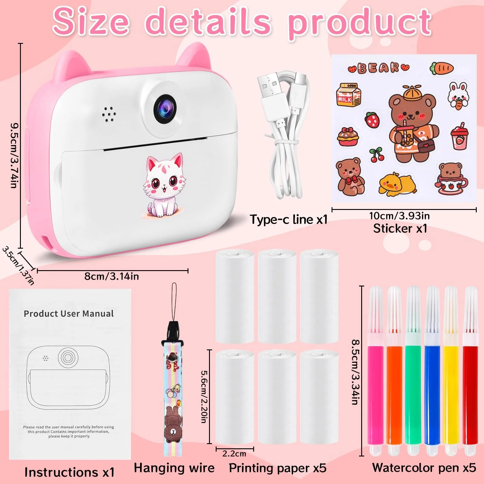 Детская фотокамера мгновенной печати 12MP 2.4-дюймовый экран 1080P с картой 32G, бумагой для печати и цветными ручками, фото №2