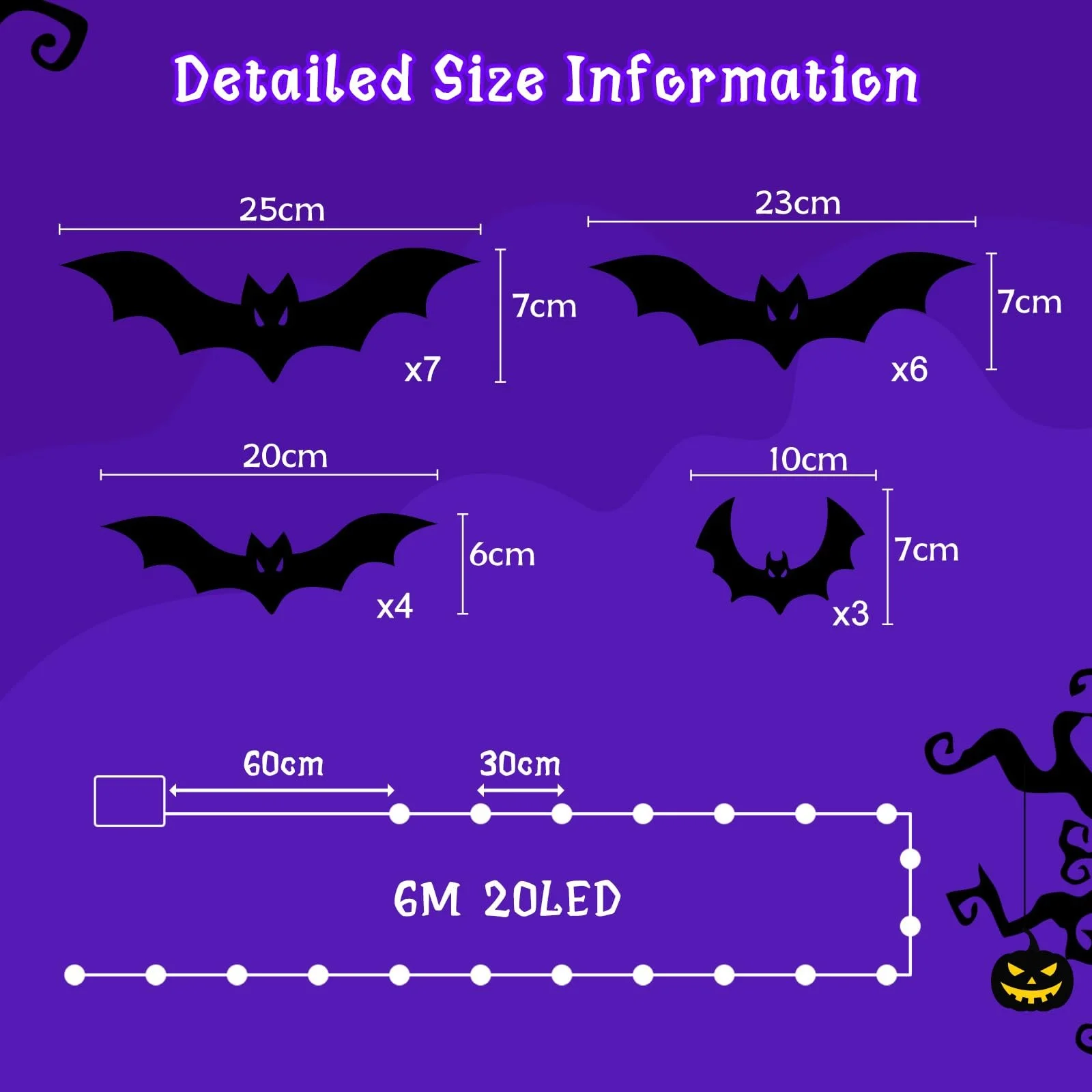 Набір для декору на Хелловін Гірлянда та 3D наклейки Кажани 20 LED 6 м Фіолетовий, фото №5 Набір для декору на Хелловін Гірлянда та 3D наклейки Кажани 20 LED 6 м Фіолетовий, фото №5