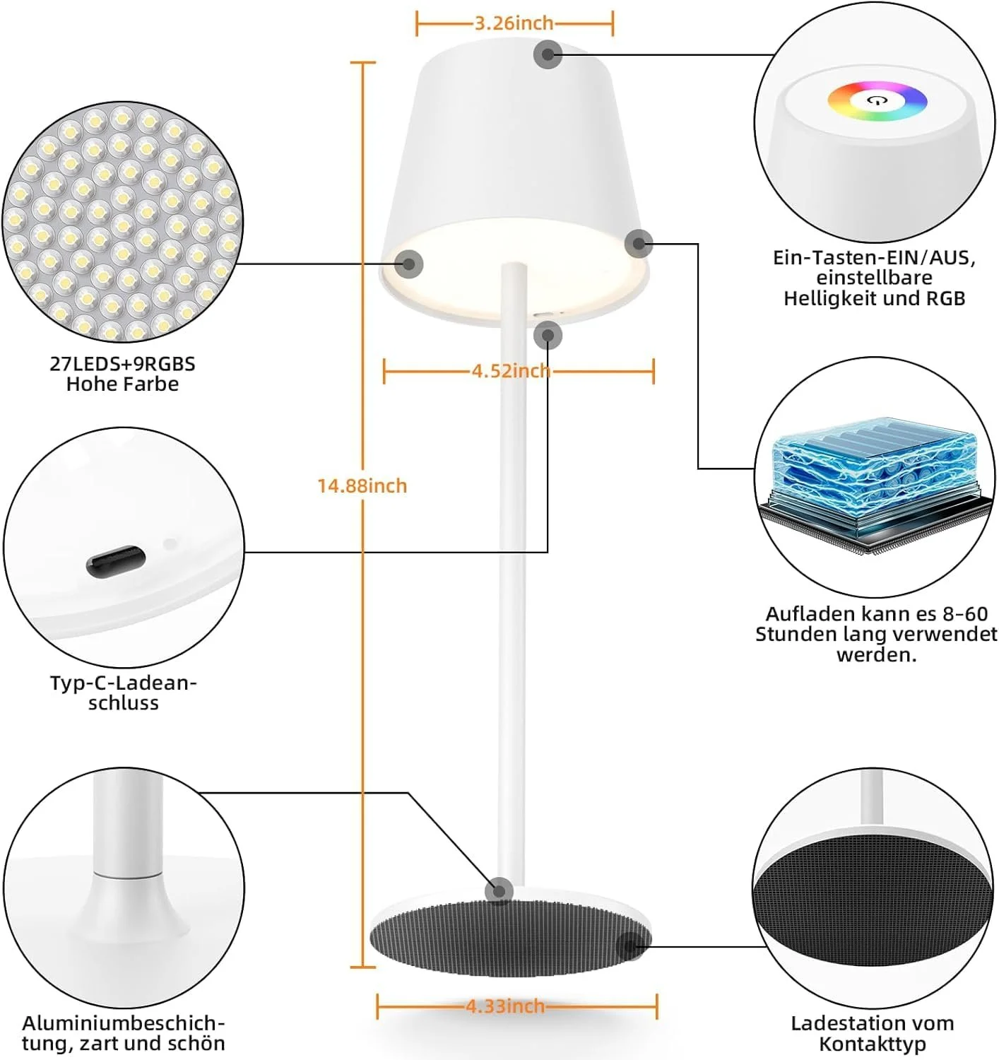 Настільна лампа Keepoo Wireless Dimmable LED Акумуляторна IP54 3000 K + RGB Біла (2 шт.), фото №5