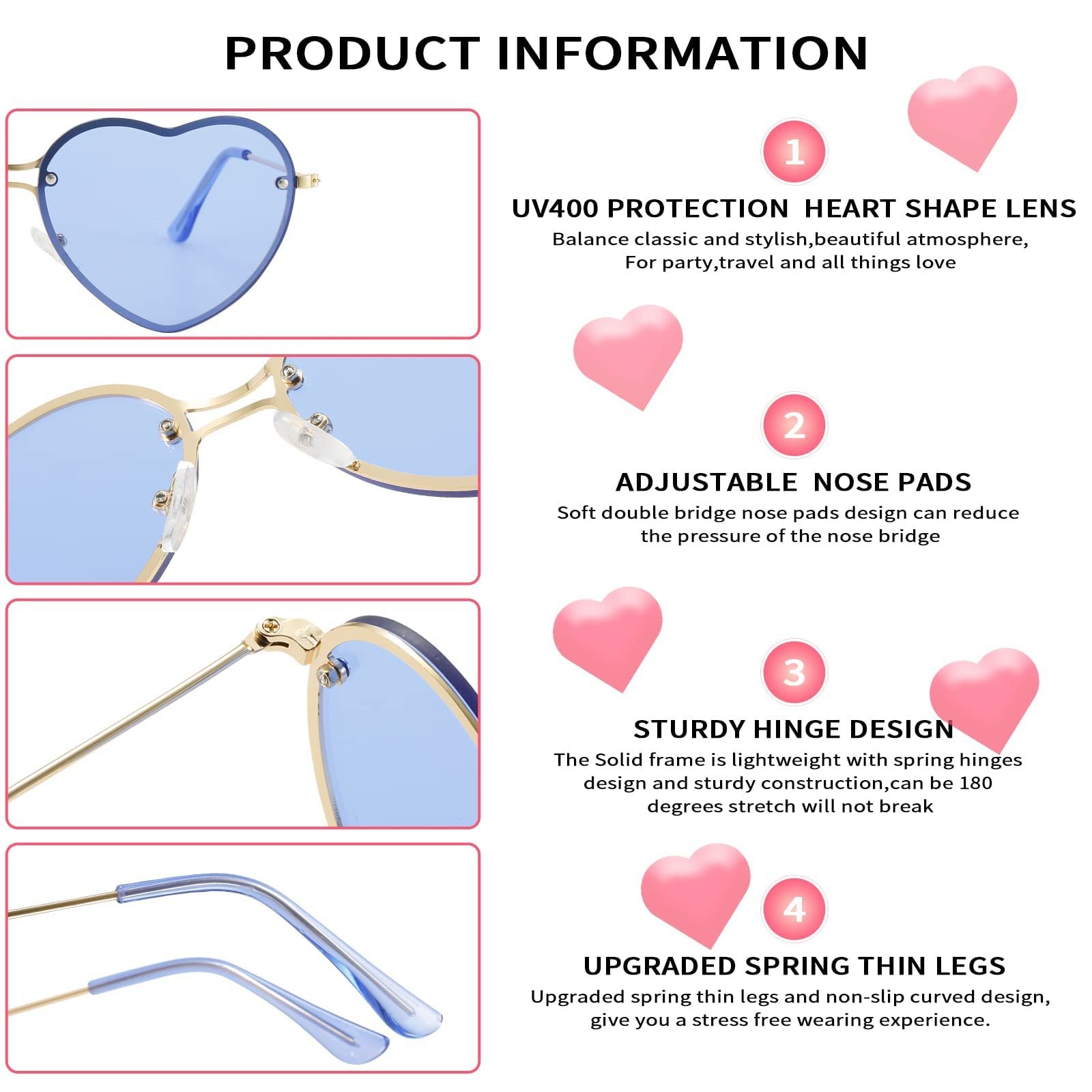 Солнцезащитные очки Сердце Dollger Без оправы Форма сердца Металлическая оправа UV400, фото №4