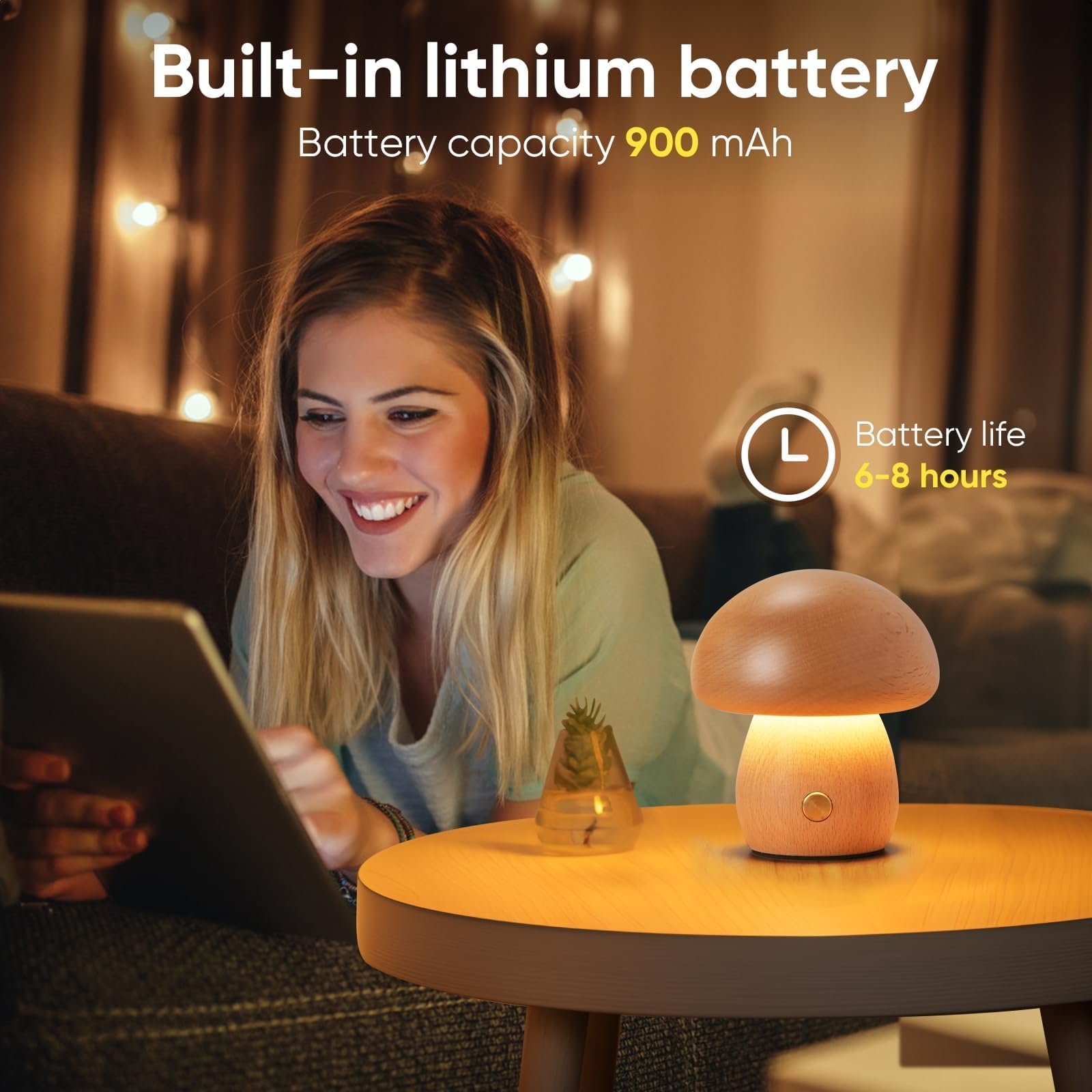 Настільна лампа LED Mushroom дерев'яна акумуляторна сенсорна димована 3 W, фото №7