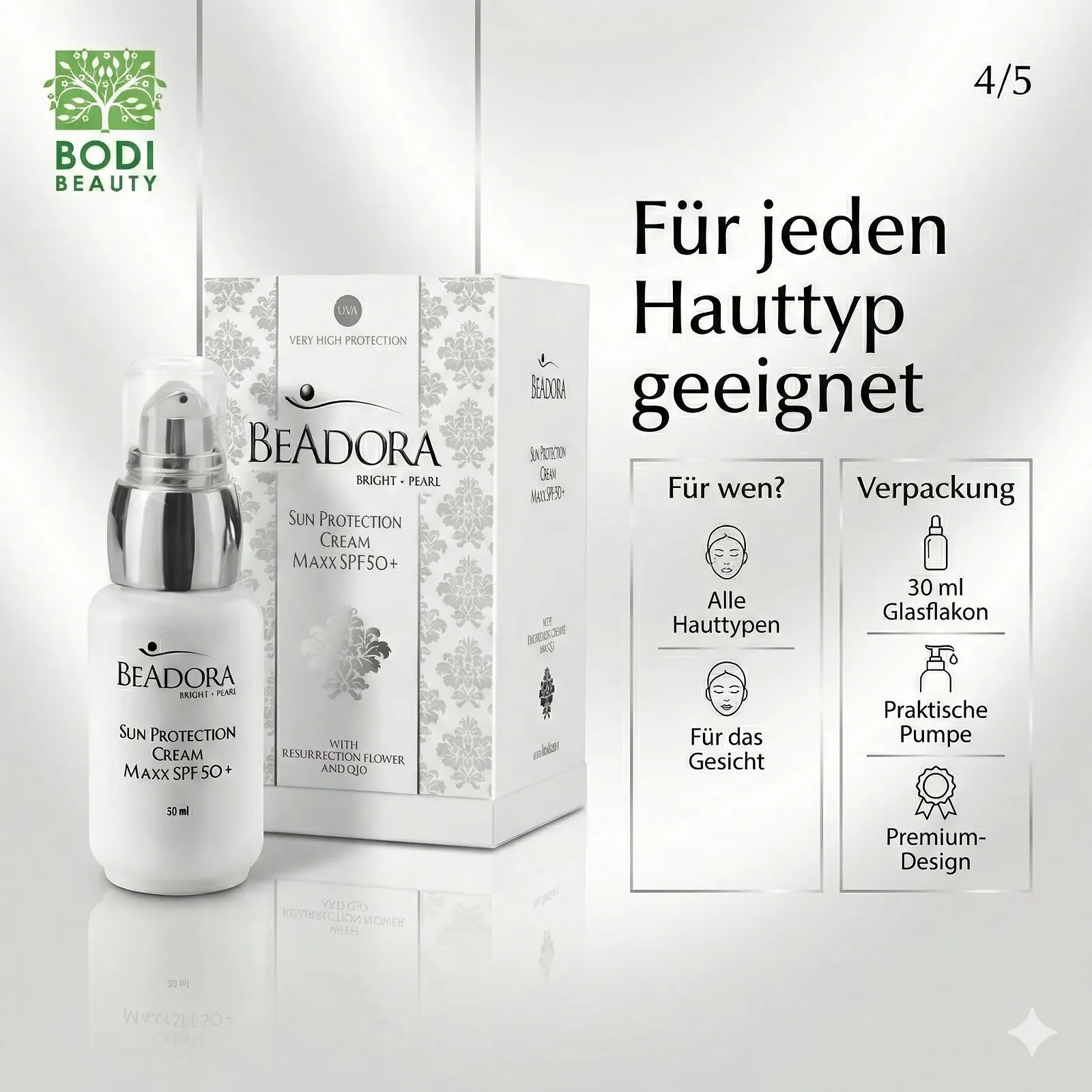 Денний крем BeAdora Bright Pearl MAXX SPF 50+ з ніацинамідом, альфа-арбутином та Q10 30 ml, фото №5