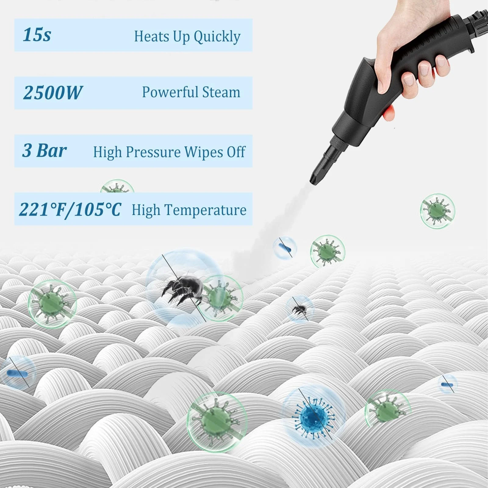 Пароочисник ручний 2500 W портативний 6 рівнів нагрів 15 с, фото №8 Пароочисник ручний 2500 W портативний 6 рівнів нагрів 15 с, фото №8