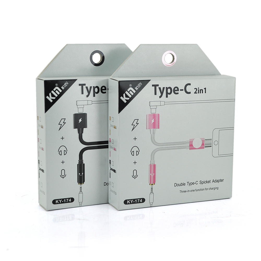 Переходник 2 в 1 KY-174 Type-C M  Type-C F Jack 3.5mm(F), 5см White/Pink Box, фото №1