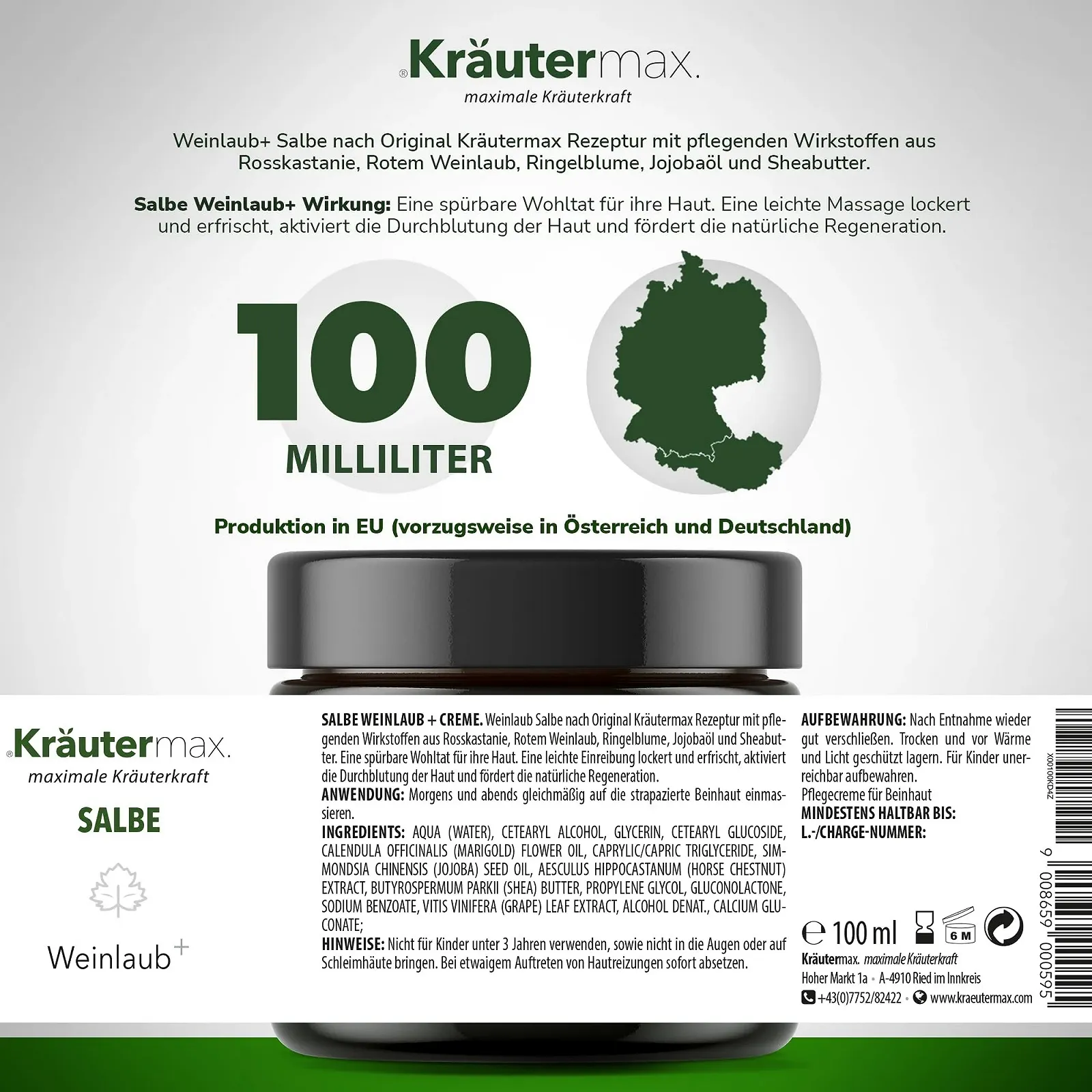 Крем-мазь для ног Kräutermax с листьями винограда и экстрактом конского каштана 100 мл, фото №2