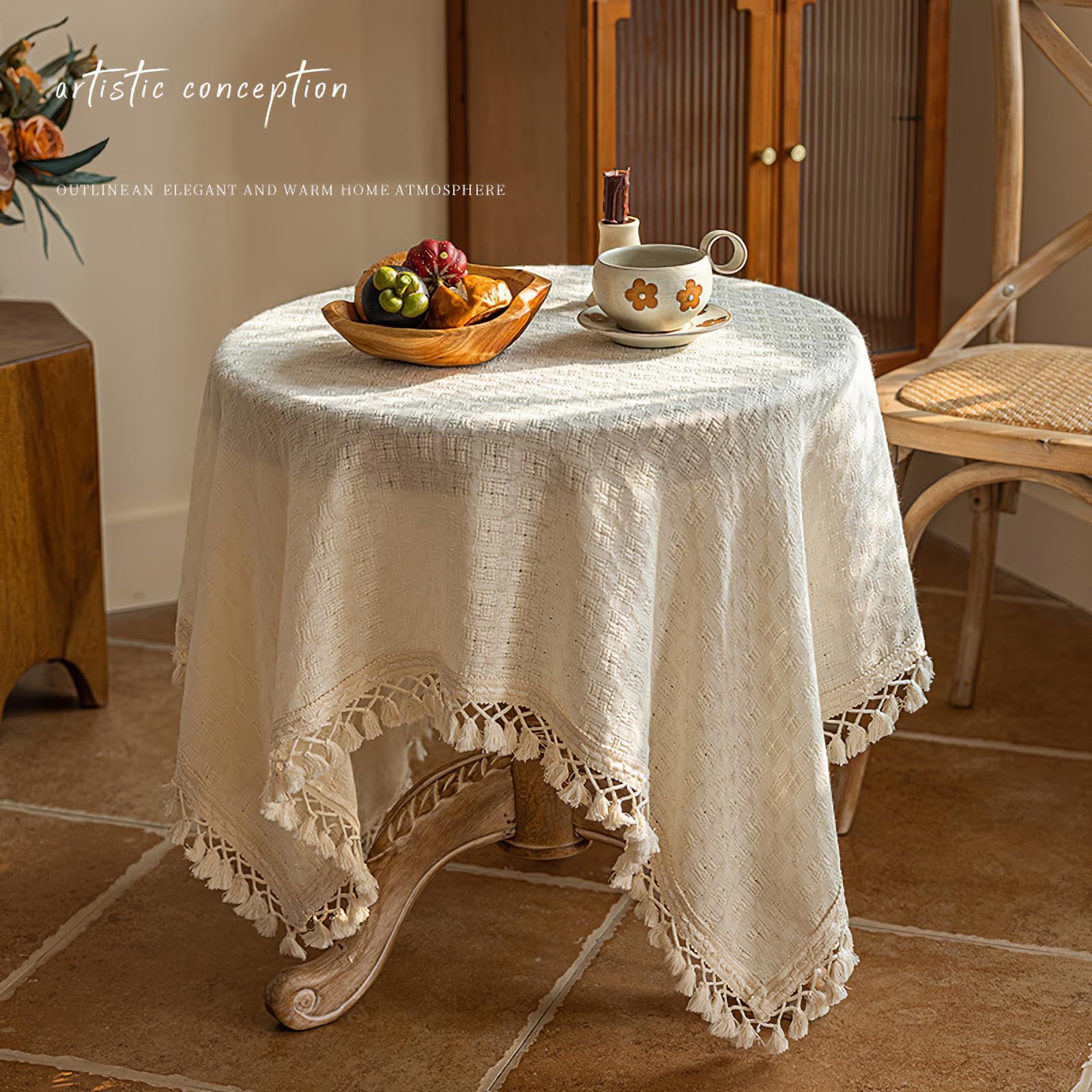Скатертина Cotton Linen з китицями макраме 90 x 90 см Бежева, фото №2
