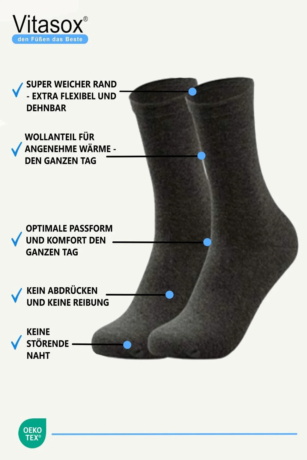 Шкарпетки з вовни Vitasox для жінок та чоловіків, для діабетиків, 2 пари, фото №5 Шкарпетки з вовни Vitasox для жінок та чоловіків, для діабетиків, 2 пари, фото №5