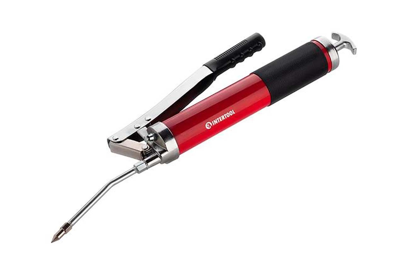 Сприц для смажування Intertool 600мл двоплунжерний з гнучкою шлангом, фото №1