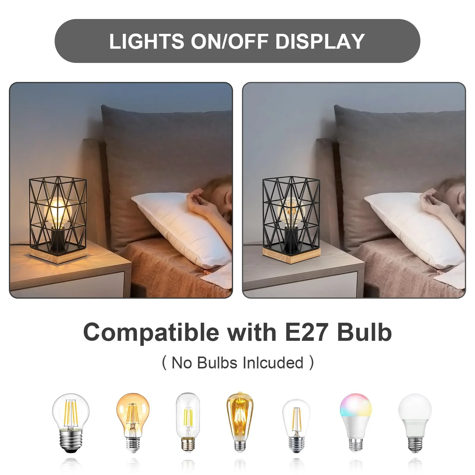 Настільна лампа Dorlink Vintage E27 Металева Клітка Індустріальна Дерев'яна основа Чорна, фото №4