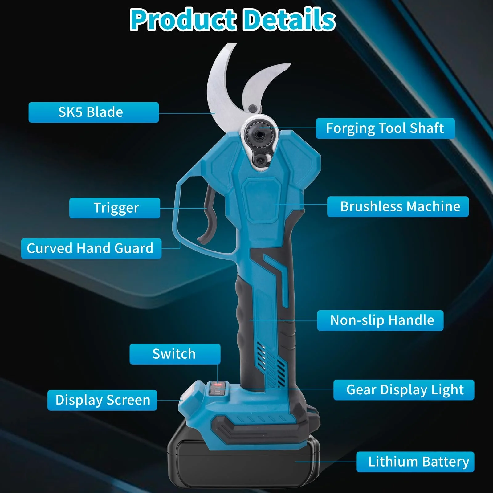 Секатор електричний акумуляторний 65 мм для Makita 18 V Безщітковий двигун РК-дисплей, фото №6