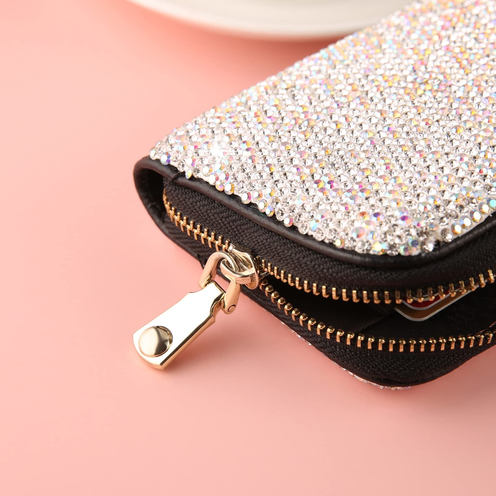 Картхолдер AsAlways Rhinestone для кредитных карт для женщин, с RFID-защитой, тонкий кожаный кошелек на молнии, серебристый, Modern, серебристый, фото №5