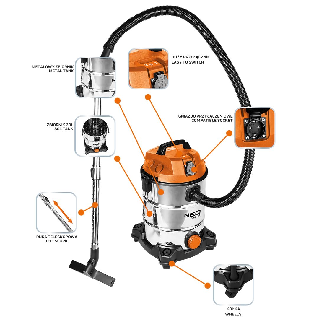 Пилосос NEO TOOLS 1400 W Контейнер: 30 л Система шлангів 35 мм З функцією видування Додаткова розетка Макс. 2000 W Шнур живлення 4 м Промисловий Пилосос, фото №2